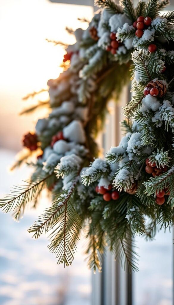 A snowy winter wreath hangs gracefully, adorned with a delicate mix of evergreen boughs, pine cones, and berries. The wreath is backlit by a warm, golden glow, casting a soft, cozy ambiance. In the foreground, individual pine needles and icy textures glisten in the natural light, while the middle ground showcases the lush, textured foliage. The background fades into a serene, snow-covered landscape, hinting at the tranquil winter setting. This scene evokes a sense of rustic elegance and seasonal charm, perfectly suited for a DIY winter wreath project. A snowy winter wreath hangs gracefully, adorned with a delicate mix of evergreen boughs, pine cones, and berries. The wreath is backlit by a warm, golden glow, casting a soft, cozy ambiance. In the foreground, individual pine needles and icy textures glisten in the natural light, while the middle ground showcases the lush, textured foliage. The background fades into a serene, snow-covered landscape, hinting at the tranquil winter setting. This scene evokes a sense of rustic elegance and seasonal charm, perfectly suited for a DIY winter wreath project.