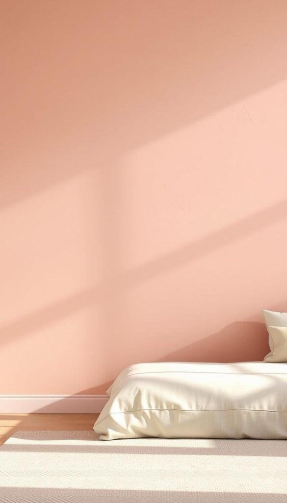 A soft, dusky pink accent wall bathed in warm, natural lighting. The wall texture features a subtle, matte finish with a slight sheen, creating a calming, inviting ambiance. The wall is positioned as the focal point, set against a backdrop of neutral-toned furnishings and minimal decor, allowing the pink hue to take center stage. The lighting, captured at a medium-wide angle, casts gentle shadows that accentuate the depth and texture of the wall, conveying a sense of tranquility and sophistication. The overall composition evokes a serene, relaxing atmosphere, perfectly suited for the "Dusky Pink Bedroom: Calming & Stylish Design Tips" article and the "Wall Treatments for a Dusky Pink Mood" section.