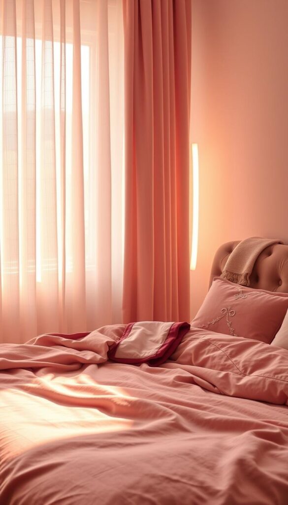 A softly lit, intimate bedroom setting featuring an assortment of dusty pink textiles. In the foreground, a plush velvet duvet cover cascades over a cozy, tufted bed frame. Mid-ground, a pair of sheer curtains in a complementary hue sway gently, allowing warm, diffused sunlight to filter through. In the background, a delicate throw pillow and a neatly folded accent blanket add depth and texture to the scene. The lighting is mellow and romantic, creating a calming, serene atmosphere. The overall composition evokes a sense of relaxation and understated elegance.