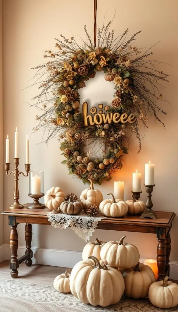 A sophisticated and chic Halloween display set against a warm, neutral color palette. In the foreground, an elegant entryway adorned with a wreath of dried flowers and foliage, accented by burnished candlesticks and glass lanterns. In the middle ground, a rustic wooden console table showcases a selection of pumpkins and gourds in muted tones, complemented by delicate lace and vintage-inspired trimmings. The background features a neutral-toned wall, softly illuminated by the warm glow of candles, creating a cozy and inviting atmosphere. The entire scene exudes a sense of refined elegance and timeless charm, perfect for a farmhouse-inspired Halloween celebration.
