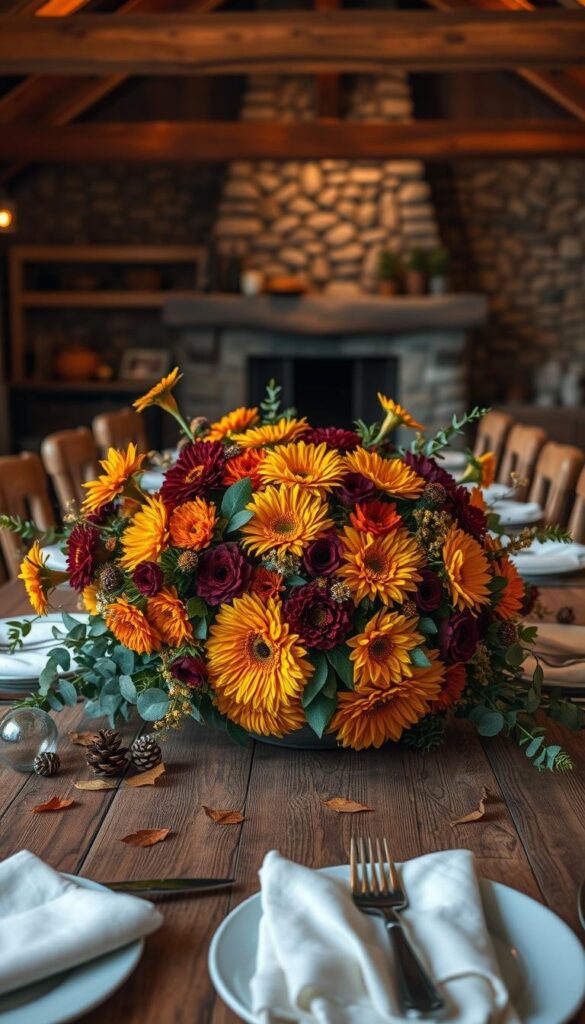 A sophisticated arrangement of autumn florals adorns a rustic wooden table, bathed in warm, soft lighting. In the foreground, a lush bouquet of chrysanthemums, dahlias, and marigolds in vibrant hues of orange, yellow, and burgundy takes center stage. Scattered around the bouquet are sprigs of eucalyptus, oak leaves, and pinecones, creating a natural, textural contrast. The middle ground features an elegant table setting, with crisp, white linen napkins and polished silver cutlery, complementing the earthy tones of the florals. In the background, a cozy, dimly lit room with exposed wooden beams and a stone fireplace sets a inviting, autumnal atmosphere. A sophisticated arrangement of autumn florals adorns a rustic wooden table, bathed in warm, soft lighting. In the foreground, a lush bouquet of chrysanthemums, dahlias, and marigolds in vibrant hues of orange, yellow, and burgundy takes center stage. Scattered around the bouquet are sprigs of eucalyptus, oak leaves, and pinecones, creating a natural, textural contrast. The middle ground features an elegant table setting, with crisp, white linen napkins and polished silver cutlery, complementing the earthy tones of the florals. In the background, a cozy, dimly lit room with exposed wooden beams and a stone fireplace sets a inviting, autumnal atmosphere.
