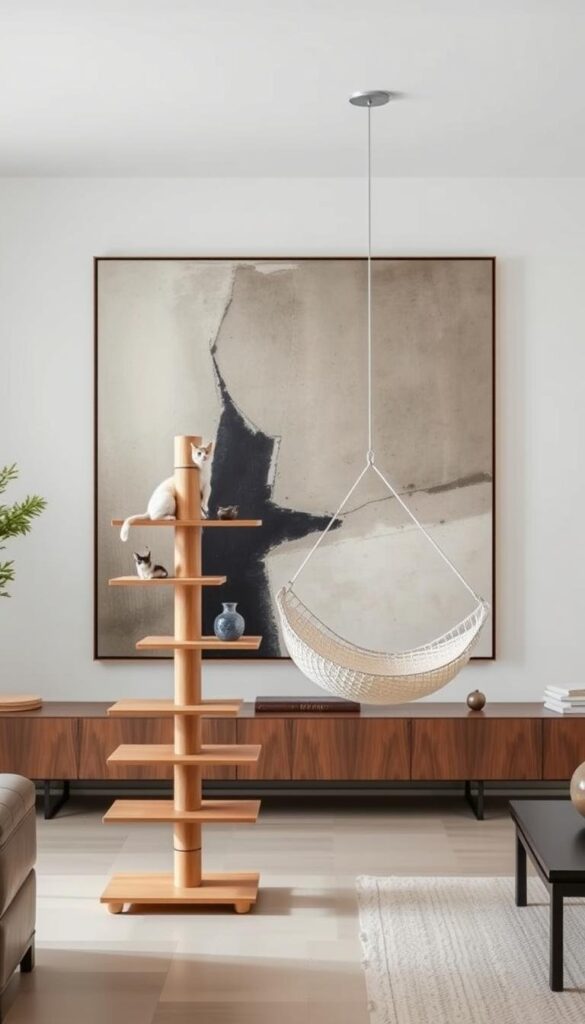 A sophisticated contemporary living room showcases modern cat furniture. In the foreground, a sleek and minimalist cat tower features a series of platforms and perches in natural wood tones, providing a cozy retreat for feline companions. In the middle ground, a stylish cat hammock sways gently, suspended from the ceiling by thin metal cables. The background is dominated by a large, abstract art piece in muted colors, creating a calming and refined atmosphere. The lighting is soft and diffused, accentuating the clean lines and organic textures of the pet furniture. Overall, the scene exudes a sense of elegant, designer-curated sophistication tailored for the modern cat owner.