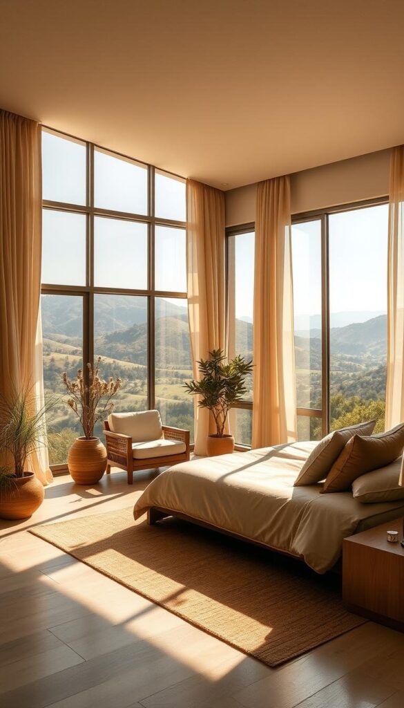 A spacious Californian-style bedroom with an airy, sun-drenched ambiance. Panoramic windows frame a picturesque landscape of rolling hills and lush greenery, allowing natural light to flood the room. Minimalist, organic furniture in earthy tones complements the serene setting, creating a calming, harmonious atmosphere. Soft, billowing curtains sway gently in the breeze, adding to the room's effortless, relaxed vibe. Warm, diffused lighting emanates from strategically placed fixtures, casting a golden glow that accentuates the room's natural textures and materials. An overall sense of tranquility and rejuvenation pervades the space, inviting the viewer to bask in the quintessential Californian style.