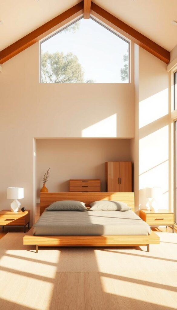 A spacious and airy California-style bedroom, flooded with warm natural light through large windows. In the foreground, a low-profile, minimalist platform bed with a sleek, wood-paneled headboard. Flanking it, a pair of modern nightstands with clean-lined lamps casting a soft glow. In the middle ground, a dresser and armoire in light, muted tones, their simple silhouettes and geometric hardware complementing the overall aesthetic. The background features a subtle accent wall, perhaps in a soft beige or sage green, creating a calming, nature-inspired ambiance. The overall mood is one of relaxed sophistication, reflecting the effortless, laid-back charm of California design.