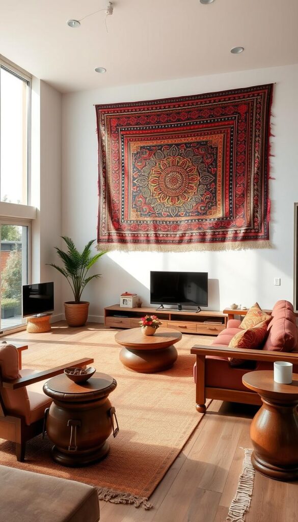 A spacious and airy modern living room, with large windows allowing natural light to flood the space. In the foreground, an ornate ethnic-inspired wall hanging, its intricate patterns and vibrant colors adding a rich, cultural element to the room. Wooden furniture and minimalist decor create a harmonious blend of traditional and contemporary styles. Strategically placed accent pieces, such as a carved wooden end table or a hand-woven rug, further enhance the fusion of aesthetics. The overall atmosphere is one of balance, where the old and the new coexist seamlessly, telling a story of cultural diversity and modern sensibilities. A spacious and airy modern living room, with large windows allowing natural light to flood the space. In the foreground, an ornate ethnic-inspired wall hanging, its intricate patterns and vibrant colors adding a rich, cultural element to the room. Wooden furniture and minimalist decor create a harmonious blend of traditional and contemporary styles. Strategically placed accent pieces, such as a carved wooden end table or a hand-woven rug, further enhance the fusion of aesthetics. The overall atmosphere is one of balance, where the old and the new coexist seamlessly, telling a story of cultural diversity and modern sensibilities.