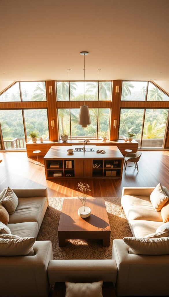 A spacious and inviting island-centered living room layout, bathed in warm, natural lighting. The focal point is a stylish, minimalist kitchen island surrounded by plush, modern seating arrangements. Sleek, wood-toned cabinetry and shelving define the space, complemented by neutral-toned textiles and accents. Large, floor-to-ceiling windows offer a panoramic view of a lush, tropical landscape outside, creating a seamless indoor-outdoor flow. Soft, diffused lighting from overhead fixtures and sconces casts a cozy, serene ambiance throughout the room. The layout is designed to foster a sense of openness, functionality, and effortless, zoned living.