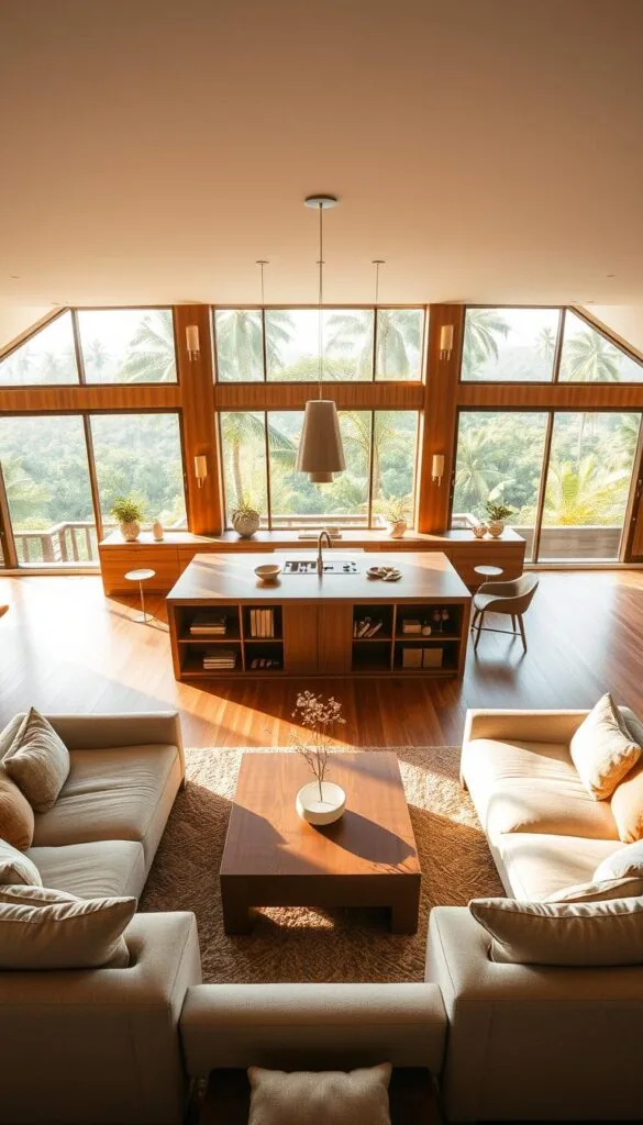 A spacious and inviting island-centered living room layout, bathed in warm, natural lighting. The focal point is a stylish, minimalist kitchen island surrounded by plush, modern seating arrangements. Sleek, wood-toned cabinetry and shelving define the space, complemented by neutral-toned textiles and accents. Large, floor-to-ceiling windows offer a panoramic view of a lush, tropical landscape outside, creating a seamless indoor-outdoor flow. Soft, diffused lighting from overhead fixtures and sconces casts a cozy, serene ambiance throughout the room. The layout is designed to foster a sense of openness, functionality, and effortless, zoned living.