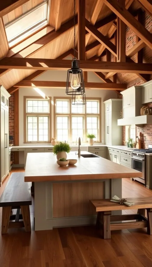 A spacious and inviting modern barn kitchen, designed with a harmonious blend of farmhouse charm and contemporary elements. The focal point is a large central island in white oak, accented with black metal hardware. Shaker-style cabinets in a soft, muted green hue line the walls, complemented by rustic wood beams and exposed brick. Abundant natural light streams in through large windows, casting a warm, cozy glow over the space. Vintage-inspired pendant lights hang above the island, their industrial-chic design contrasting with the farmhouse aesthetic. Subtle pops of greenery and earthenware accents add organic touches, while a reclaimed wood dining table with matching benches invites casual gatherings. The overall atmosphere is one of refined, country-inspired elegance. A spacious and inviting modern barn kitchen, designed with a harmonious blend of farmhouse charm and contemporary elements. The focal point is a large central island in white oak, accented with black metal hardware. Shaker-style cabinets in a soft, muted green hue line the walls, complemented by rustic wood beams and exposed brick. Abundant natural light streams in through large windows, casting a warm, cozy glow over the space. Vintage-inspired pendant lights hang above the island, their industrial-chic design contrasting with the farmhouse aesthetic. Subtle pops of greenery and earthenware accents add organic touches, while a reclaimed wood dining table with matching benches invites casual gatherings. The overall atmosphere is one of refined, country-inspired elegance.