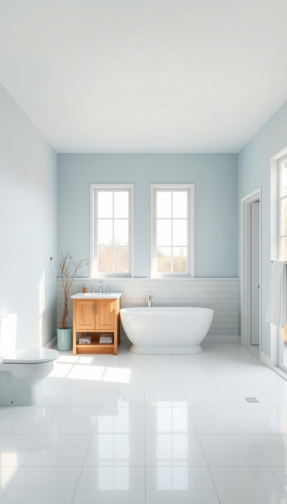 A spacious and well-lit bathroom, featuring a minimalist color scheme of soft, muted tones. The walls are painted in a calming, light blue hue, creating a sense of openness and tranquility. The vanity and cabinetry are a warm, natural wood, adding depth and contrast to the space. Sleek, white tiles cover the floor, reflecting the light and making the room feel larger. Large windows on the back wall flood the space with natural light, casting a gentle glow on the room. The overall atmosphere is one of serenity and elegance, perfect for a small bathroom that aims to feel open and inviting.