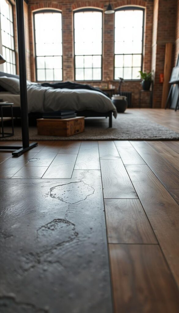A spacious industrial-style bedroom with various flooring options showcased. The foreground features a close-up view of textured concrete flooring, its rugged surface complemented by metal accents. In the middle ground, wooden floorboards in a warm, rustic tone create a cozy contrast. The background reveals exposed brick walls and large windows, allowing natural light to flood the space and accentuate the industrial ambiance. The overall mood is one of understated elegance, blending raw materials with refined touches to achieve a harmonious and visually striking industrial aesthetic.