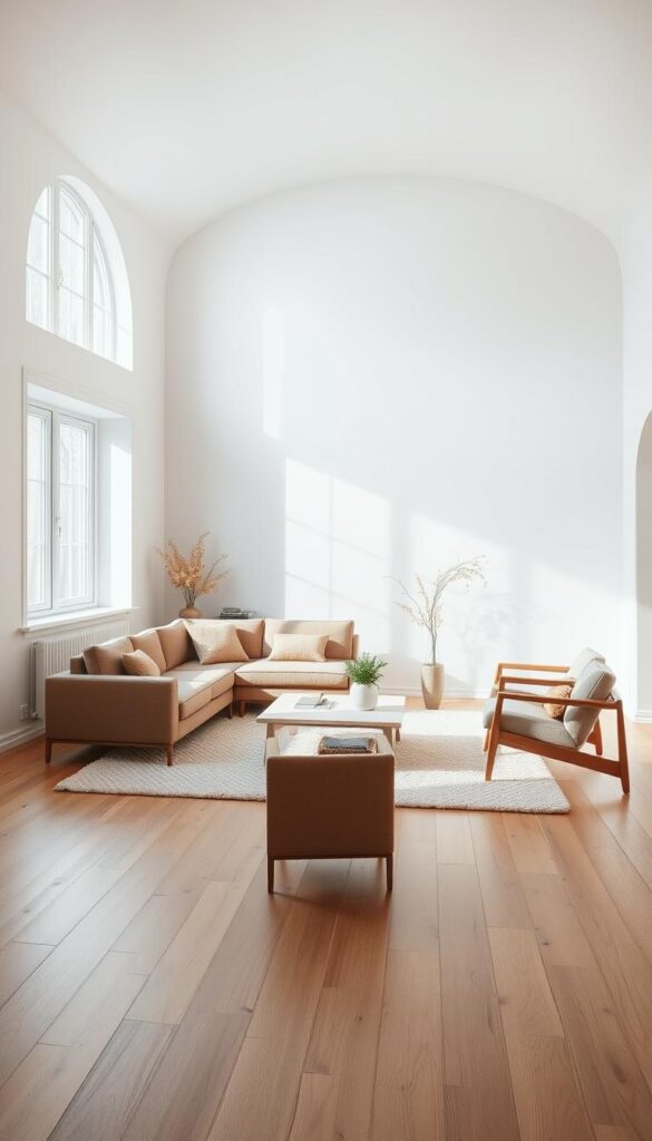 A spacious, light-filled Scandinavian-inspired living room with natural oak flooring and white walls. A minimalist sectional sofa in a muted, earthy tone sits atop a plush, neutral-colored area rug. A large, arched window floods the space with soft, diffused sunlight, casting gentle shadows. Streamlined, wooden-framed armchairs and a low, rectangular coffee table complete the tranquil, uncluttered design. Subtle botanical accents, such as a potted plant and a vase of fresh flowers, add a touch of organic warmth. The overall atmosphere is one of calm, refined elegance and understated sophistication.