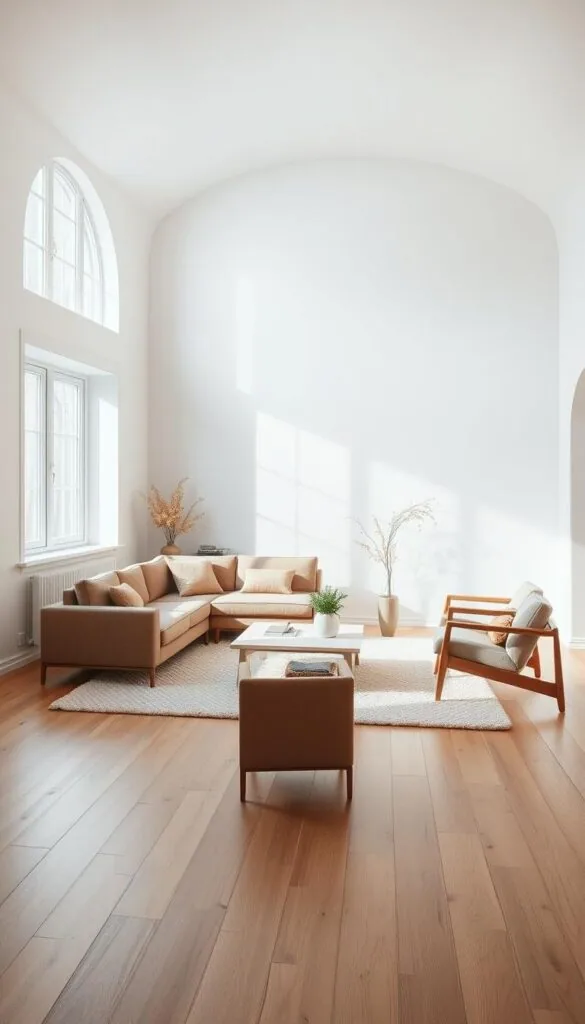 A spacious, light-filled Scandinavian-inspired living room with natural oak flooring and white walls. A minimalist sectional sofa in a muted, earthy tone sits atop a plush, neutral-colored area rug. A large, arched window floods the space with soft, diffused sunlight, casting gentle shadows. Streamlined, wooden-framed armchairs and a low, rectangular coffee table complete the tranquil, uncluttered design. Subtle botanical accents, such as a potted plant and a vase of fresh flowers, add a touch of organic warmth. The overall atmosphere is one of calm, refined elegance and understated sophistication.