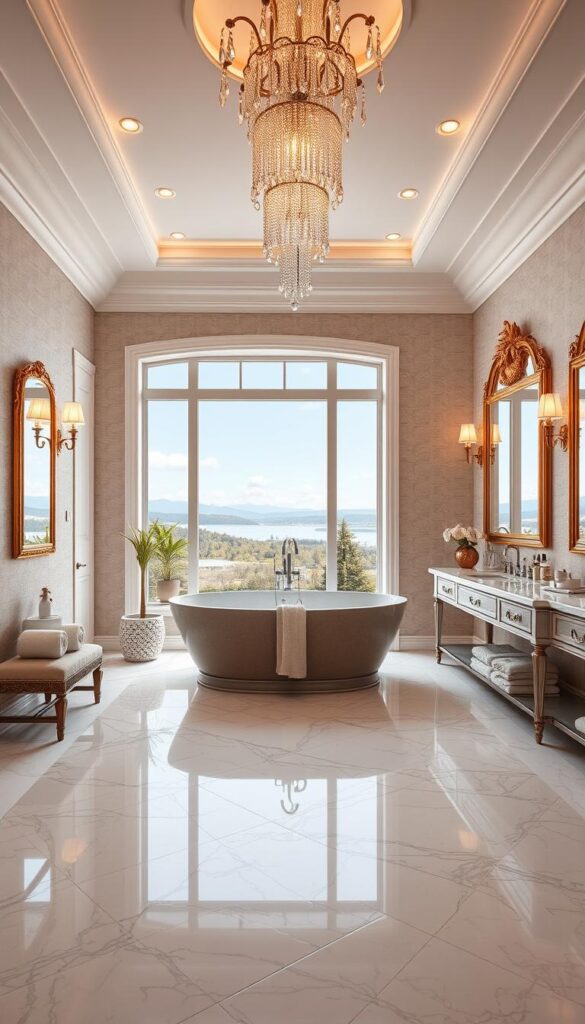 A spacious, luxurious bathroom with a freestanding bathtub as the centerpiece, positioned in front of a large window overlooking a serene outdoor scene. The tub is made of smooth, polished stone, with elegant chrome fixtures. The floors are covered in intricate marble tiles, creating a high-end, spa-like ambiance. Soft, warm lighting from wall sconces and a cascading crystal chandelier illuminate the space, casting a gentle glow. Plush, oversized towels and a variety of high-end toiletries are neatly arranged on a marble vanity. Ornate, golden-framed mirrors flank the vanity, reflecting the room's opulent details. The walls are adorned with subtle, textured wallpaper, adding depth and sophistication. Potted plants and a discreet, built-in seating area complete the luxurious, relaxing atmosphere.