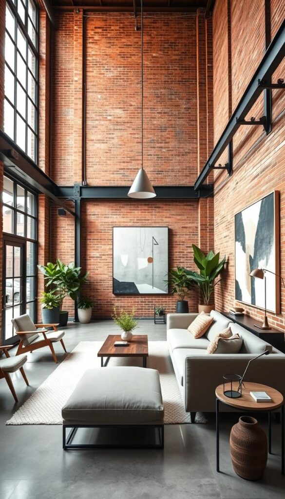 A spacious, modern industrial-style living room with exposed brick walls, high ceilings, and large windows that let in abundant natural light. The focal point is a sleek, minimalist sofa in a neutral tone, complemented by a low, wooden coffee table and a pair of mid-century inspired armchairs. Metal and glass accents, such as a pendant lamp and a side table, add an edgy, urban vibe. The room is further enhanced by lush, potted plants and a large, abstract artwork that adds a touch of sophistication. The overall atmosphere is one of understated elegance and a harmonious blend of industrial and contemporary elements.