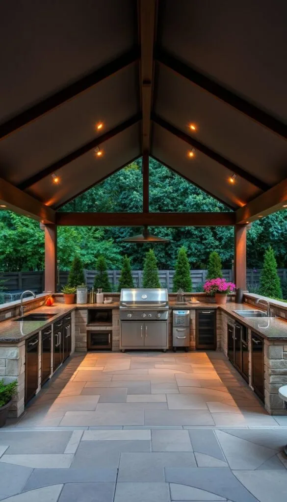 A spacious outdoor kitchen with a sturdy, weatherproof covering overhead. A large grill or smoker occupies the center, surrounded by prep surfaces and storage. The kitchen is situated on a stone or brick patio, with lush greenery and potted plants in the background. Warm, ambient lighting casts a cozy glow, creating an inviting atmosphere for alfresco dining and entertaining. The design seamlessly blends rustic and modern elements, with clean lines, natural materials, and thoughtful details that make it both functional and visually striking. A serene scene that showcases the beauty and practicality of a covered, weather-resistant outdoor cooking space.