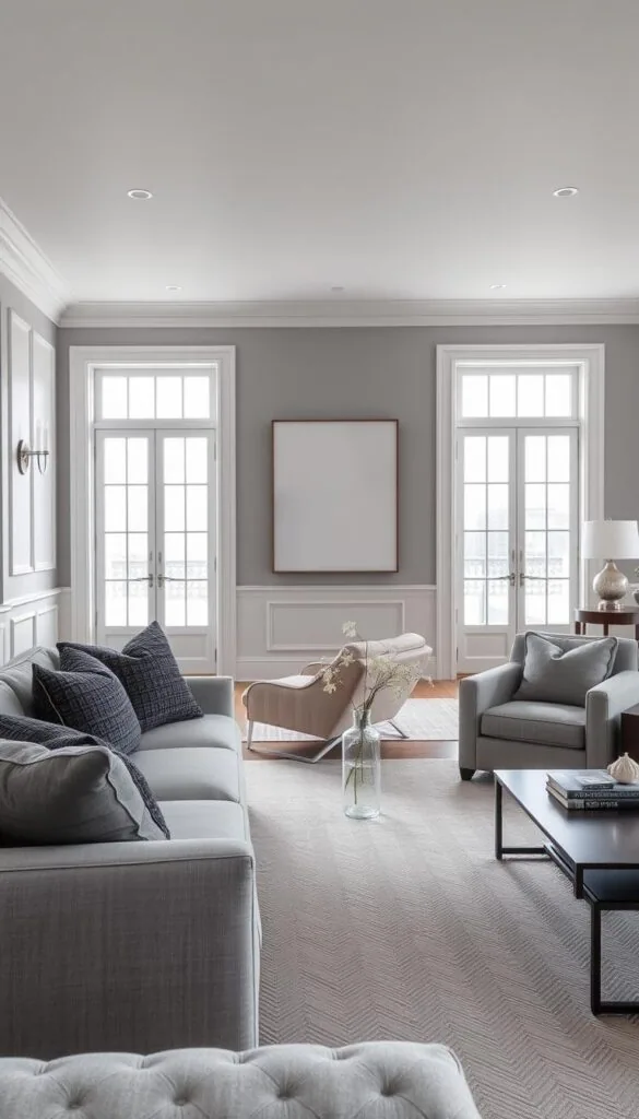 A spacious, sophisticated gray living room with a neutral color palette. In the foreground, a plush, dove-gray sofa anchors the space, accented by textured, charcoal-hued throw pillows. On the coffee table, a simple glass vase holds a cluster of delicate white flowers. Across the room, a pair of matching armchairs in a soft, dove-gray linen upholstery invite relaxation. The walls are painted in a soothing, mid-tone gray, complemented by crisp, white moldings. Indirect lighting from sleek, brushed-nickel sconces casts a warm, diffused glow, creating a serene and inviting atmosphere. Underfoot, a large, neutral-toned area rug in a subtle herringbone pattern anchors the space. Through a set of large, steel-framed windows, the muted daylight filters in, illuminating the sophisticated, timeless design. A spacious, sophisticated gray living room with a neutral color palette. In the foreground, a plush, dove-gray sofa anchors the space, accented by textured, charcoal-hued throw pillows. On the coffee table, a simple glass vase holds a cluster of delicate white flowers. Across the room, a pair of matching armchairs in a soft, dove-gray linen upholstery invite relaxation. The walls are painted in a soothing, mid-tone gray, complemented by crisp, white moldings. Indirect lighting from sleek, brushed-nickel sconces casts a warm, diffused glow, creating a serene and inviting atmosphere. Underfoot, a large, neutral-toned area rug in a subtle herringbone pattern anchors the space. Through a set of large, steel-framed windows, the muted daylight filters in, illuminating the sophisticated, timeless design.