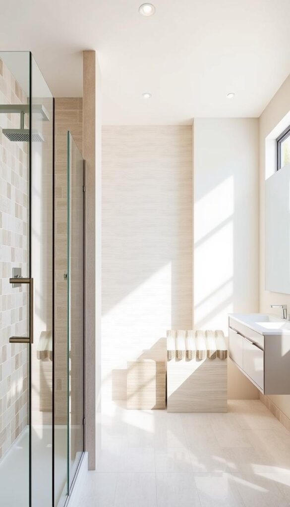 A spacious, well-lit bathroom interior with modern, moisture-resistant wall treatments. The foreground showcases a sleek, tiled shower enclosure with a glass door, complemented by a neutral-toned vanity and a large mirror. The middle ground features a selection of moisture-resistant wall panels, such as waterproof PVC tiles or durable, water-resistant panels made of materials like fiberglass or acrylic. The background depicts a serene, peaceful atmosphere with natural lighting filtering through a window, highlighting the clean, spa-like ambiance. The overall scene conveys a sense of elegance, practicality, and resilience to the harsh bathroom environment.