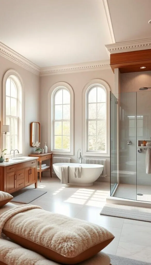 A spacious, well-lit bathroom with natural light streaming in through large windows. The scene depicts a detailed bathroom layout, showcasing various design elements - a modern vanity with sleek fixtures, a freestanding bathtub positioned centrally, and a walk-in shower with a minimalist glass enclosure. The room features clean, neutral tones, with warm wooden accents and plush textiles adding a touch of luxury. Architectural details like high ceilings and decorative moldings create a sense of grandeur. The overall atmosphere is one of tranquility and sophistication, inviting the viewer to envision their perfect bathroom oasis.