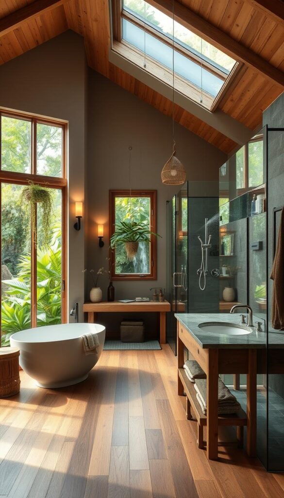 A spacious, well-lit eco-friendly bathroom with natural wood accents and a large window overlooking a lush, verdant garden. The room features a freestanding bathtub, a rustic vanity with a stone countertop, and a walk-in shower with a rainfall showerhead. The floors are covered in sustainably sourced bamboo, and the walls are painted in a calming, earthy tone. Hanging plants and natural fiber accessories create a serene, spa-like ambiance. Soft, diffused lighting from wall sconces and a skylight above accentuate the organic, harmonious atmosphere. The overall design prioritizes sustainability, comfort, and a connection to nature.