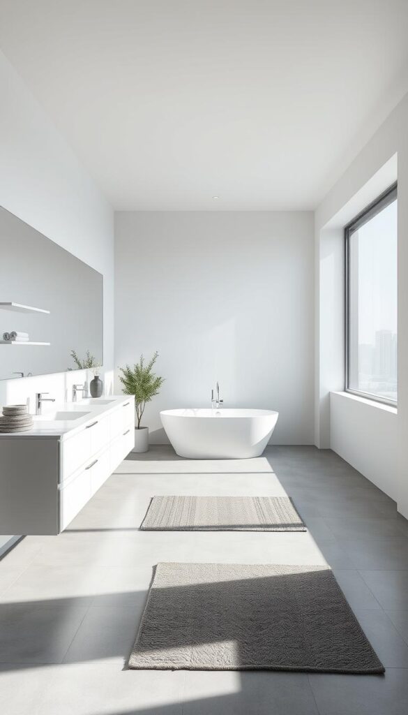A spacious, well-lit modern minimalist bathroom with a sleek white vanity and floating shelves. A large frameless mirror reflects the natural light streaming through the oversized window, creating a sense of openness and airiness. The floor is covered in large, matte grey tiles, complemented by the muted color palette. A freestanding bathtub takes center stage, surrounded by minimalist chrome fixtures. Subtle textural elements, such as a plush grey rug and a potted plant, add warmth and visual interest to the serene, spa-like atmosphere.