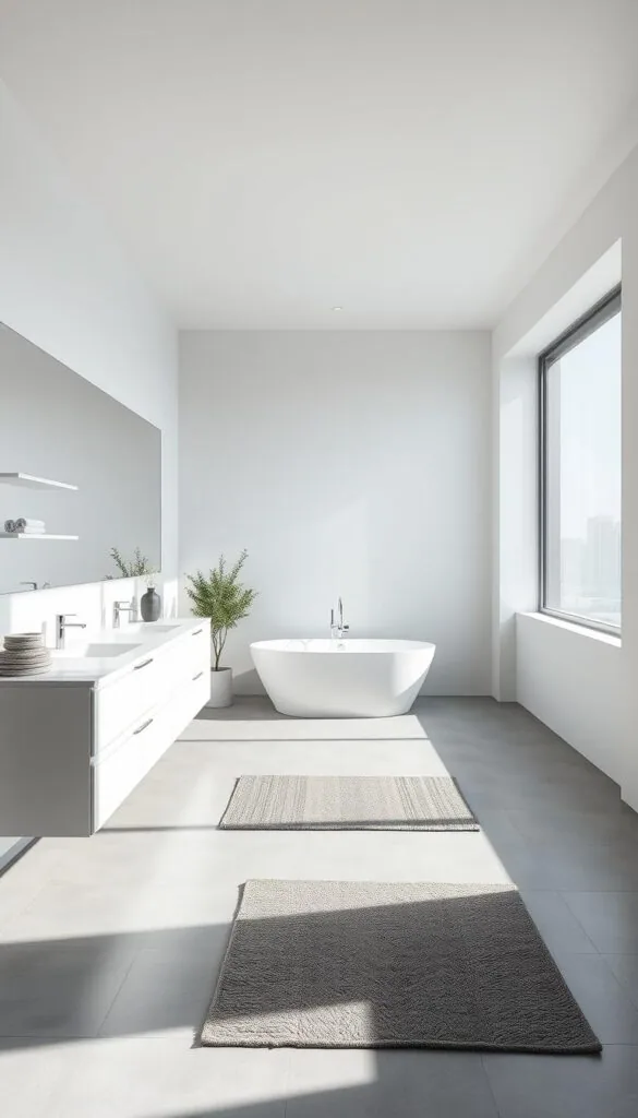 A spacious, well-lit modern minimalist bathroom with a sleek white vanity and floating shelves. A large frameless mirror reflects the natural light streaming through the oversized window, creating a sense of openness and airiness. The floor is covered in large, matte grey tiles, complemented by the muted color palette. A freestanding bathtub takes center stage, surrounded by minimalist chrome fixtures. Subtle textural elements, such as a plush grey rug and a potted plant, add warmth and visual interest to the serene, spa-like atmosphere.