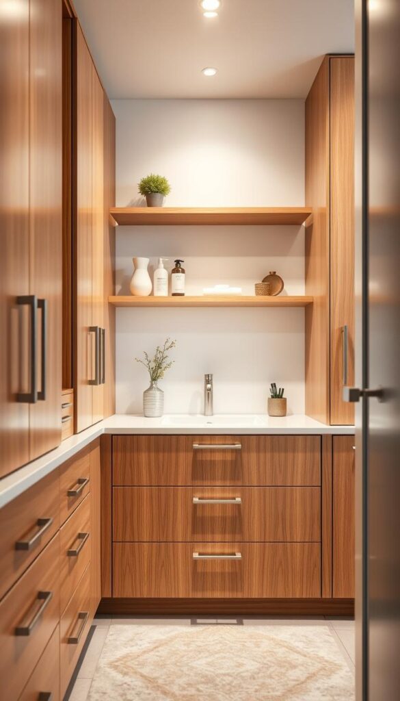 A spacious, well-organized bathroom vanity with an array of sleek, minimalist storage solutions. The foreground features a series of drawers and cabinets in a warm, natural wood tone, complemented by brushed metal hardware. The middle ground showcases a floating shelf above the vanity, providing ample space for decorative items and toiletries. The background is bathed in soft, diffused lighting, creating a calming and serene atmosphere. The camera angle is slightly elevated, capturing the elegant and functional layout of this small but efficient bathroom storage space. A spacious, well-organized bathroom vanity with an array of sleek, minimalist storage solutions. The foreground features a series of drawers and cabinets in a warm, natural wood tone, complemented by brushed metal hardware. The middle ground showcases a floating shelf above the vanity, providing ample space for decorative items and toiletries. The background is bathed in soft, diffused lighting, creating a calming and serene atmosphere. The camera angle is slightly elevated, capturing the elegant and functional layout of this small but efficient bathroom storage space.