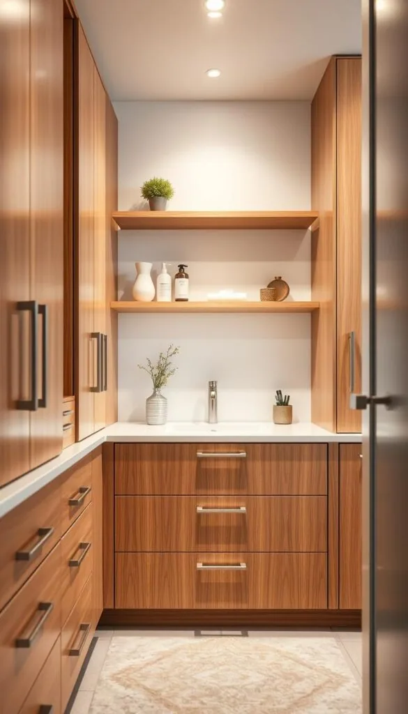 A spacious, well-organized bathroom vanity with an array of sleek, minimalist storage solutions. The foreground features a series of drawers and cabinets in a warm, natural wood tone, complemented by brushed metal hardware. The middle ground showcases a floating shelf above the vanity, providing ample space for decorative items and toiletries. The background is bathed in soft, diffused lighting, creating a calming and serene atmosphere. The camera angle is slightly elevated, capturing the elegant and functional layout of this small but efficient bathroom storage space.
