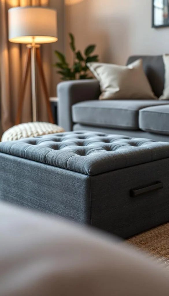 A stylish and modern storage ottoman with a hidden compartment sits in the cozy living room. The sleek, rectangular design features tufted charcoal gray upholstery, accentuated by brushed bronze hardware. Soft, warm lighting from a nearby floor lamp creates a tranquil ambiance, casting gentle shadows across the plush, textured fabric. The ottoman's hidden compartment offers discreet storage space, allowing you to neatly tuck away unsightly clutter and maintain a clean, uncluttered aesthetic. The scene is captured with a wide, close-up angle, emphasizing the ottoman's functional yet sophisticated design, perfectly complementing the cozy, inviting atmosphere of the living space.