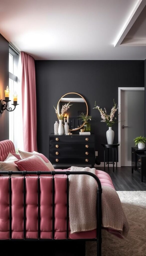 A stylish and sophisticated black and pink bedroom design. In the foreground, a plush pink velvet tufted headboard frames a statement black metal bed frame. Delicate pink and black throw pillows and a cozy knit blanket adorn the bed. Elegant black and gold sconces cast a warm glow, while sheer pink curtains softly diffuse natural light filtering in from large windows. In the middle ground, a sleek black dresser with intricate gold hardware stands alongside a matching black side table. Decorative vases, candles, and plants add pops of greenery to the scene. The background features dark hardwood floors and a black accent wall, creating a moody and enveloping atmosphere. The overall design evokes a sense of luxury, comfort, and modern elegance.