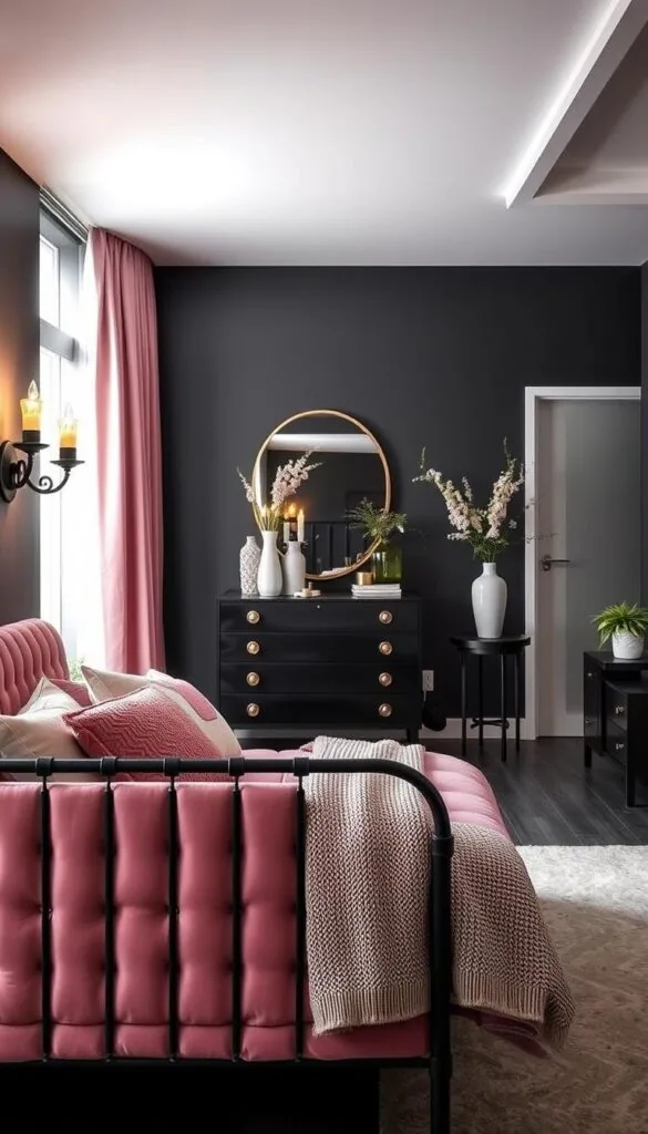 A stylish and sophisticated black and pink bedroom design. In the foreground, a plush pink velvet tufted headboard frames a statement black metal bed frame. Delicate pink and black throw pillows and a cozy knit blanket adorn the bed. Elegant black and gold sconces cast a warm glow, while sheer pink curtains softly diffuse natural light filtering in from large windows. In the middle ground, a sleek black dresser with intricate gold hardware stands alongside a matching black side table. Decorative vases, candles, and plants add pops of greenery to the scene. The background features dark hardwood floors and a black accent wall, creating a moody and enveloping atmosphere. The overall design evokes a sense of luxury, comfort, and modern elegance.
