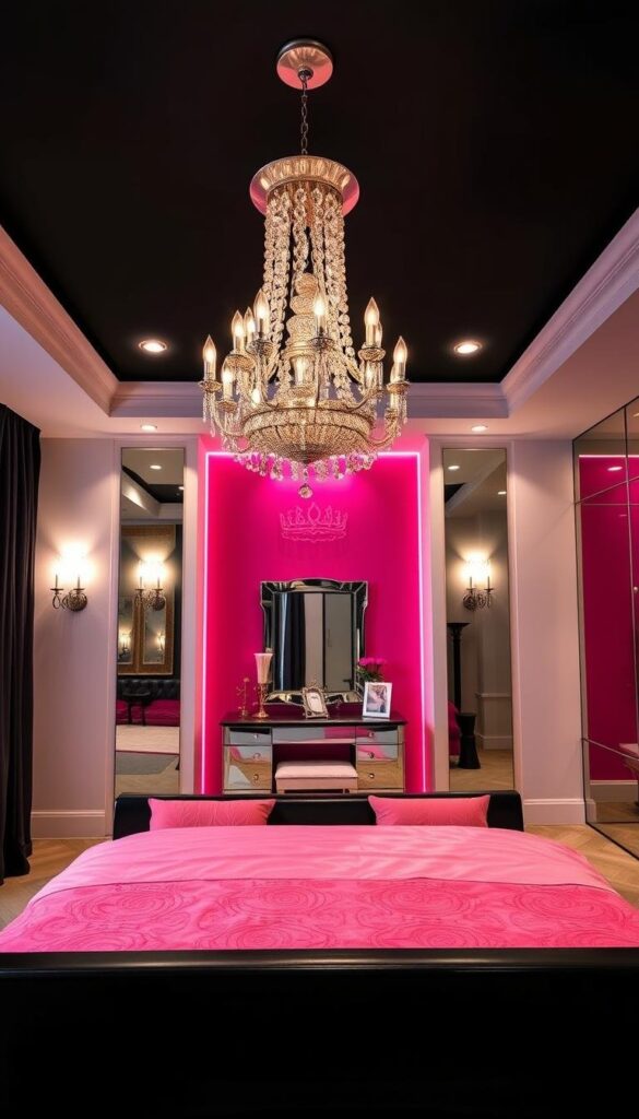 A stylishly appointed black and pink bedroom, illuminated by a stunning array of modern lighting fixtures. In the foreground, a sleek black bedframe is accented by plush pink bedding and matching throw pillows. Overhead, a cascading chandelier casts a soft, warm glow, complemented by strategically placed wall sconces along the perimeter. The middle ground features a mirrored vanity table, its surface reflecting the multifaceted lighting. In the background, a feature wall in a deep shade of pink provides a striking contrast, while recessed ceiling lights bathe the space in a serene, harmonious ambiance. The overall effect is one of sophisticated elegance, creating the perfect atmosphere for relaxation and rejuvenation.