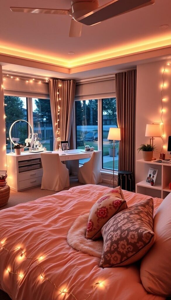 A stylishly decorated modern girl's bedroom, bathed in the warm glow of fairy lights. In the foreground, a cozy bed with plush bedding and an array of colorful throw pillows. Surrounding the bed, fairy lights are strung along the walls, creating a whimsical, dreamy atmosphere. In the middle ground, a sleek vanity table with a well-organized makeup collection, and a comfortable reading nook with a cozy chair and floor lamp. In the background, a large window overlooking a serene outdoor scene, allowing natural light to filter in. The overall mood is cozy, enchanting, and exudes a sense of youthful sophistication.