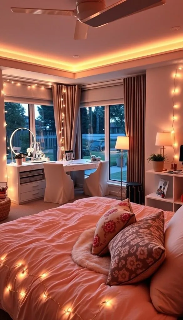 A stylishly decorated modern girl's bedroom, bathed in the warm glow of fairy lights. In the foreground, a cozy bed with plush bedding and an array of colorful throw pillows. Surrounding the bed, fairy lights are strung along the walls, creating a whimsical, dreamy atmosphere. In the middle ground, a sleek vanity table with a well-organized makeup collection, and a comfortable reading nook with a cozy chair and floor lamp. In the background, a large window overlooking a serene outdoor scene, allowing natural light to filter in. The overall mood is cozy, enchanting, and exudes a sense of youthful sophistication.