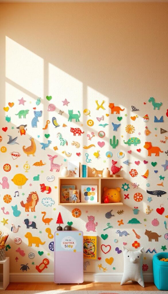 A sun-dappled kids' room wall, adorned with a vibrant patchwork of playful wall decor. In the foreground, a colorful array of illustrated animal characters, whimsical shapes, and abstract patterns dance across the textured surface, sparking the imagination. In the middle ground, a few thoughtfully placed shelves display an eclectic assortment of storybooks, figurines, and quirky knickknacks. The background features a warm, pastel-hued color palette, complemented by soft, diffused lighting that creates a cozy, inviting atmosphere. The overall composition exudes a sense of boundless creativity and joyful exploration, perfectly capturing the spirit of a child's personal haven.