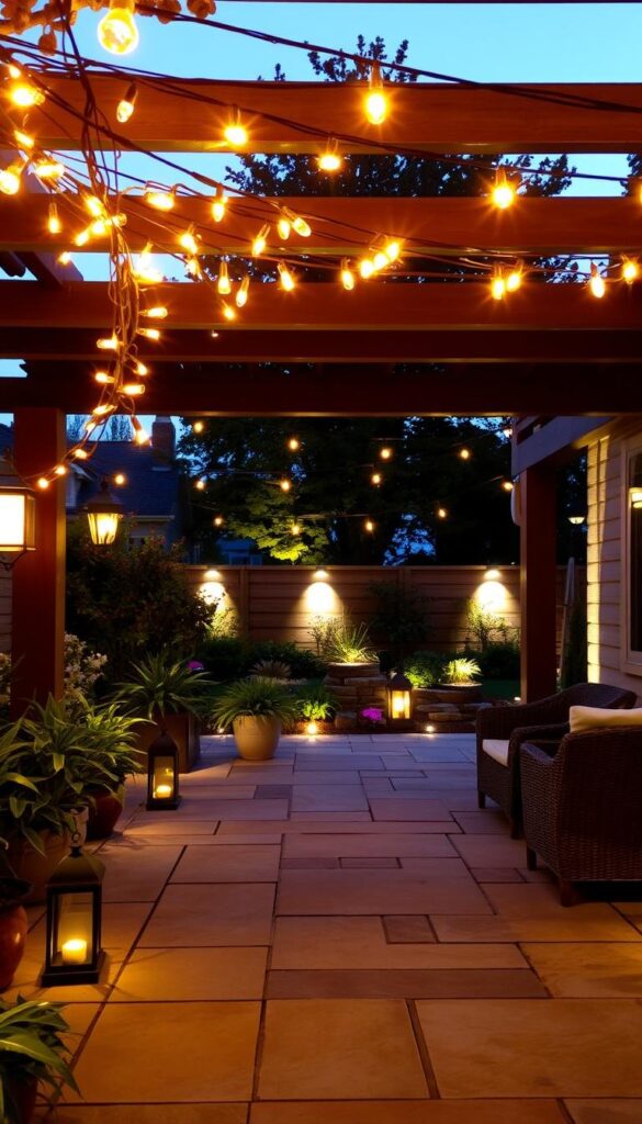 A sun-dappled patio, adorned with an array of outdoor lighting fixtures casting warm, ambient illumination. In the foreground, a cluster of string lights delicately draped across the pergola, creating a cozy, intimate atmosphere. Strategically placed lanterns and path lights guide the way, their soft glow reflecting off the smooth stone pavers. In the middle ground, a mix of recessed and wall-mounted lighting casts a gentle radiance, highlighting the lush potted plants and wicker furniture. The background features a well-lit garden, with spotlights accentuating the vibrant foliage and flowering shrubs. The overall scene exudes a serene, inviting ambiance, perfect for summer evenings spent entertaining or simply relaxing in the great outdoors. A sun-dappled patio, adorned with an array of outdoor lighting fixtures casting warm, ambient illumination. In the foreground, a cluster of string lights delicately draped across the pergola, creating a cozy, intimate atmosphere. Strategically placed lanterns and path lights guide the way, their soft glow reflecting off the smooth stone pavers. In the middle ground, a mix of recessed and wall-mounted lighting casts a gentle radiance, highlighting the lush potted plants and wicker furniture. The background features a well-lit garden, with spotlights accentuating the vibrant foliage and flowering shrubs. The overall scene exudes a serene, inviting ambiance, perfect for summer evenings spent entertaining or simply relaxing in the great outdoors.