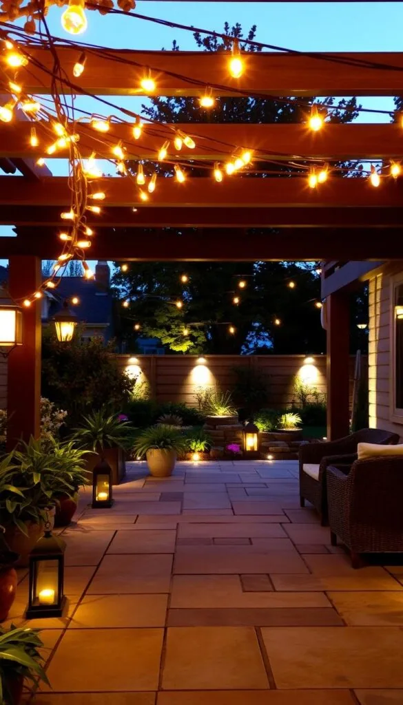 A sun-dappled patio, adorned with an array of outdoor lighting fixtures casting warm, ambient illumination. In the foreground, a cluster of string lights delicately draped across the pergola, creating a cozy, intimate atmosphere. Strategically placed lanterns and path lights guide the way, their soft glow reflecting off the smooth stone pavers. In the middle ground, a mix of recessed and wall-mounted lighting casts a gentle radiance, highlighting the lush potted plants and wicker furniture. The background features a well-lit garden, with spotlights accentuating the vibrant foliage and flowering shrubs. The overall scene exudes a serene, inviting ambiance, perfect for summer evenings spent entertaining or simply relaxing in the great outdoors. A sun-dappled patio, adorned with an array of outdoor lighting fixtures casting warm, ambient illumination. In the foreground, a cluster of string lights delicately draped across the pergola, creating a cozy, intimate atmosphere. Strategically placed lanterns and path lights guide the way, their soft glow reflecting off the smooth stone pavers. In the middle ground, a mix of recessed and wall-mounted lighting casts a gentle radiance, highlighting the lush potted plants and wicker furniture. The background features a well-lit garden, with spotlights accentuating the vibrant foliage and flowering shrubs. The overall scene exudes a serene, inviting ambiance, perfect for summer evenings spent entertaining or simply relaxing in the great outdoors.