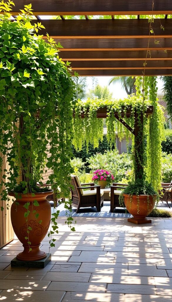 A sun-dappled patio, its floors covered in natural stone pavers. In the foreground, lush potted plants and trailing vines cascade from ornate terracotta planters, their verdant foliage casting soft shadows. In the middle ground, a wooden pergola draped with cascading greenery provides a shaded seating area, inviting guests to linger. The background features a well-tended garden, its vibrant flowers and shrubs framing the scene. Gentle natural light filters through the overhead canopy, creating a warm, inviting atmosphere. The overall impression is one of a serene, nature-inspired outdoor oasis, perfect for summer relaxation and entertaining. A sun-dappled patio, its floors covered in natural stone pavers. In the foreground, lush potted plants and trailing vines cascade from ornate terracotta planters, their verdant foliage casting soft shadows. In the middle ground, a wooden pergola draped with cascading greenery provides a shaded seating area, inviting guests to linger. The background features a well-tended garden, its vibrant flowers and shrubs framing the scene. Gentle natural light filters through the overhead canopy, creating a warm, inviting atmosphere. The overall impression is one of a serene, nature-inspired outdoor oasis, perfect for summer relaxation and entertaining.