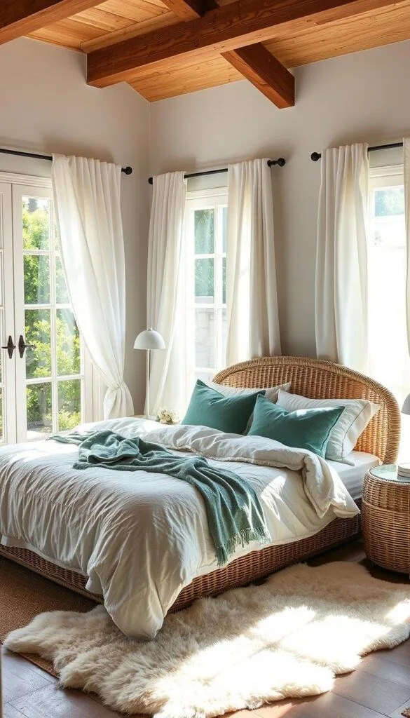A sun-drenched California bedroom, awash in soothing beachy tones. Soft, billowing white curtains frame windows overlooking a lush garden. Plush, textured off-white bedding invites relaxation, accented by artfully rumpled linen throws and pillows in shades of blue and green. A woven rattan headboard and sidetables add natural warmth, while a cozy sheepskin rug underfoot completes the calming, coastal-inspired aesthetic. Gentle, diffused lighting casts a serene glow, capturing the essence of a tranquil Californian oasis. A sun-drenched California bedroom, awash in soothing beachy tones. Soft, billowing white curtains frame windows overlooking a lush garden. Plush, textured off-white bedding invites relaxation, accented by artfully rumpled linen throws and pillows in shades of blue and green. A woven rattan headboard and sidetables add natural warmth, while a cozy sheepskin rug underfoot completes the calming, coastal-inspired aesthetic. Gentle, diffused lighting casts a serene glow, capturing the essence of a tranquil Californian oasis.