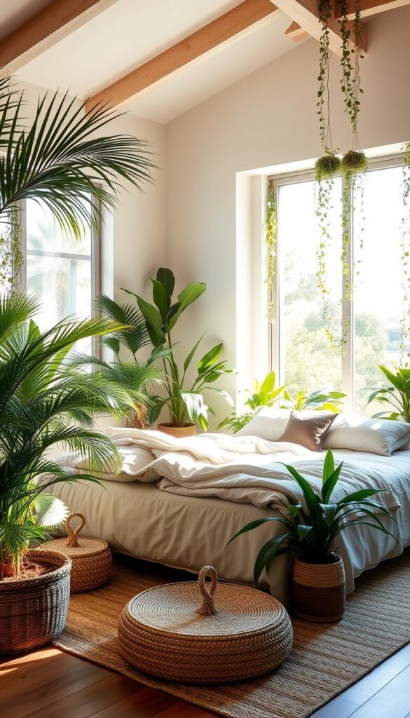 A sun-drenched California bedroom brimming with lush, verdant indoor plants. Shafts of natural light pour through large windows, casting a warm, soothing glow over the minimalist, modern decor. A plush, neutral-toned bed takes center stage, surrounded by potted palm fronds and trailing vines that bring the outdoors in. Subtle textures like woven baskets and natural wood accents complement the airy, calming atmosphere. Soft, ambient lighting emanates from discreet sources, creating a tranquil, rejuvenating sanctuary. The overall effect is one of serene harmony, where the boundaries between interior and exterior seamlessly blend.