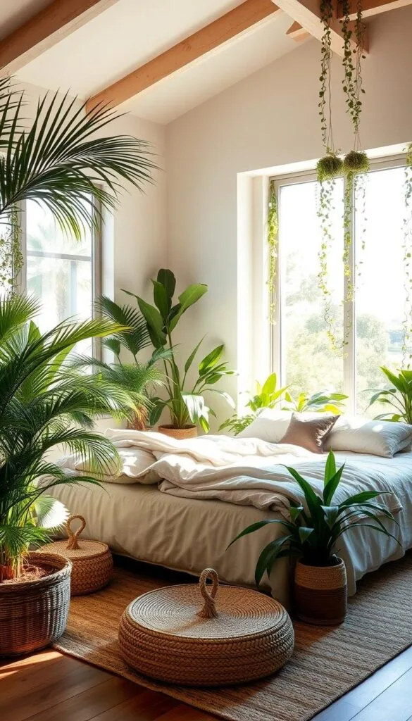 A sun-drenched California bedroom brimming with lush, verdant indoor plants. Shafts of natural light pour through large windows, casting a warm, soothing glow over the minimalist, modern decor. A plush, neutral-toned bed takes center stage, surrounded by potted palm fronds and trailing vines that bring the outdoors in. Subtle textures like woven baskets and natural wood accents complement the airy, calming atmosphere. Soft, ambient lighting emanates from discreet sources, creating a tranquil, rejuvenating sanctuary. The overall effect is one of serene harmony, where the boundaries between interior and exterior seamlessly blend. A sun-drenched California bedroom brimming with lush, verdant indoor plants. Shafts of natural light pour through large windows, casting a warm, soothing glow over the minimalist, modern decor. A plush, neutral-toned bed takes center stage, surrounded by potted palm fronds and trailing vines that bring the outdoors in. Subtle textures like woven baskets and natural wood accents complement the airy, calming atmosphere. Soft, ambient lighting emanates from discreet sources, creating a tranquil, rejuvenating sanctuary. The overall effect is one of serene harmony, where the boundaries between interior and exterior seamlessly blend.