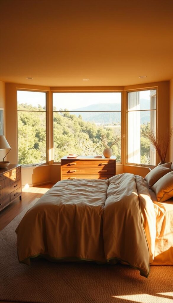 A sun-drenched Californian bedroom bathed in earthy tones. The foreground features a cozy king-size bed dressed in warm, natural linens and plush bedding. Midground showcases a mid-century modern dresser and nightstands with subtle wood grain and brass accents. The background depicts large windows overlooking a lush, verdant landscape, allowing natural light to flood the space. Soft, diffused lighting creates a tranquil, relaxing ambiance. The overall color palette is a harmonious blend of ochre, terracotta, and olive hues, evoking a serene, grounded atmosphere. This inviting oasis promotes a sense of calm and comfort, perfectly capturing the essence of Californian style.