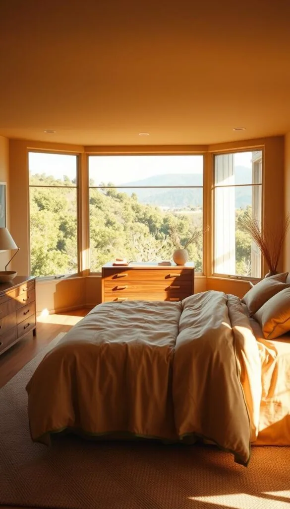 A sun-drenched Californian bedroom bathed in earthy tones. The foreground features a cozy king-size bed dressed in warm, natural linens and plush bedding. Midground showcases a mid-century modern dresser and nightstands with subtle wood grain and brass accents. The background depicts large windows overlooking a lush, verdant landscape, allowing natural light to flood the space. Soft, diffused lighting creates a tranquil, relaxing ambiance. The overall color palette is a harmonious blend of ochre, terracotta, and olive hues, evoking a serene, grounded atmosphere. This inviting oasis promotes a sense of calm and comfort, perfectly capturing the essence of Californian style. A sun-drenched Californian bedroom bathed in earthy tones. The foreground features a cozy king-size bed dressed in warm, natural linens and plush bedding. Midground showcases a mid-century modern dresser and nightstands with subtle wood grain and brass accents. The background depicts large windows overlooking a lush, verdant landscape, allowing natural light to flood the space. Soft, diffused lighting creates a tranquil, relaxing ambiance. The overall color palette is a harmonious blend of ochre, terracotta, and olive hues, evoking a serene, grounded atmosphere. This inviting oasis promotes a sense of calm and comfort, perfectly capturing the essence of Californian style.