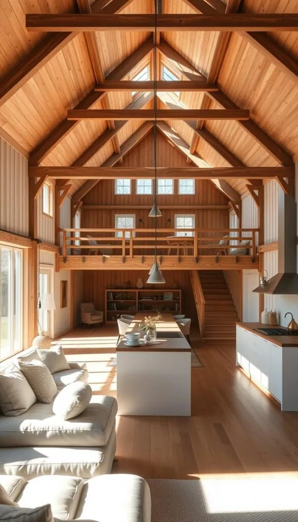 A sun-drenched Scandinavian barn interior, its open floor plan a seamless blend of rustic and contemporary elements. In the foreground, a large, inviting living area with plush seating and minimal decor, bathed in warm, natural light from expansive windows. The middle ground features a central kitchen island, its sleek white cabinetry and wooden countertops creating a harmonious contrast. In the background, a dining space with a long, wooden table and simple, Scandi-inspired chairs, leading to a mezzanine level with exposed wooden beams overhead. The overall atmosphere is one of relaxed functionality, where form and function coexist in perfect balance. A sun-drenched Scandinavian barn interior, its open floor plan a seamless blend of rustic and contemporary elements. In the foreground, a large, inviting living area with plush seating and minimal decor, bathed in warm, natural light from expansive windows. The middle ground features a central kitchen island, its sleek white cabinetry and wooden countertops creating a harmonious contrast. In the background, a dining space with a long, wooden table and simple, Scandi-inspired chairs, leading to a mezzanine level with exposed wooden beams overhead. The overall atmosphere is one of relaxed functionality, where form and function coexist in perfect balance.