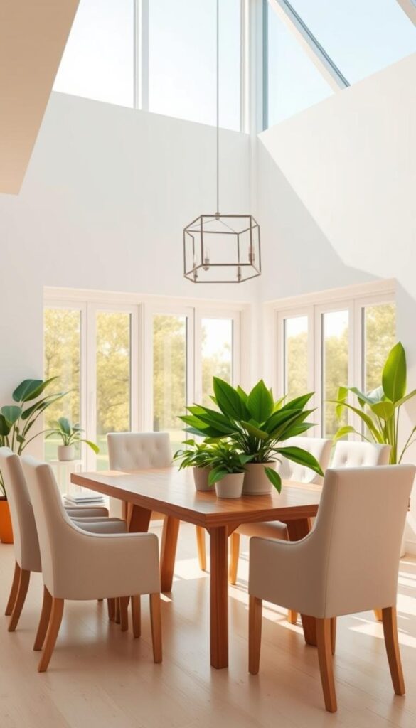 A sun-drenched, airy dining room with clean, minimalist design. Large windows flood the space with natural light, casting a warm, golden glow across the room. A sleek, rectangular wooden dining table is surrounded by high-backed, light-colored upholstered chairs. Lush, verdant potted plants adorn the table, their vibrant leaves contrasting beautifully with the neutral color palette. Overhead, a modern, geometric light fixture casts a soft, diffused illumination. The walls are painted in a pale, serene shade, creating a calming, tranquil atmosphere. Overall, the scene exudes a sense of openness, lightness, and a refreshing, summery ambiance. A sun-drenched, airy dining room with clean, minimalist design. Large windows flood the space with natural light, casting a warm, golden glow across the room. A sleek, rectangular wooden dining table is surrounded by high-backed, light-colored upholstered chairs. Lush, verdant potted plants adorn the table, their vibrant leaves contrasting beautifully with the neutral color palette. Overhead, a modern, geometric light fixture casts a soft, diffused illumination. The walls are painted in a pale, serene shade, creating a calming, tranquil atmosphere. Overall, the scene exudes a sense of openness, lightness, and a refreshing, summery ambiance.