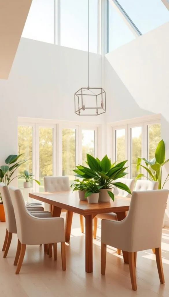 A sun-drenched, airy dining room with clean, minimalist design. Large windows flood the space with natural light, casting a warm, golden glow across the room. A sleek, rectangular wooden dining table is surrounded by high-backed, light-colored upholstered chairs. Lush, verdant potted plants adorn the table, their vibrant leaves contrasting beautifully with the neutral color palette. Overhead, a modern, geometric light fixture casts a soft, diffused illumination. The walls are painted in a pale, serene shade, creating a calming, tranquil atmosphere. Overall, the scene exudes a sense of openness, lightness, and a refreshing, summery ambiance.