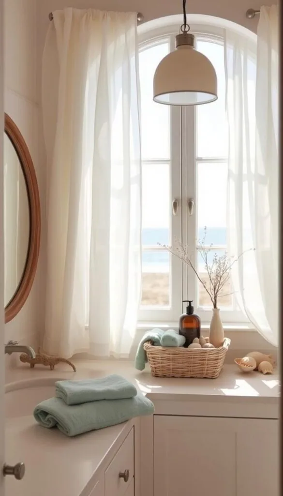 A sun-drenched beach house bathroom, with a softly curved vanity under a large arched window. Sheer linen curtains billow gently in the breeze, casting a dreamy, ethereal light. Plush towels in pale shades of blue and green are neatly folded, inviting relaxation. A woven basket holds fragrant sea salt and essential oils, while a driftwood mirror reflects the natural beauty of the space. Subtle, coastal-inspired decor like seashells and driftwood accents complete the tranquil, airy atmosphere. Soft, diffused lighting from a pendant fixture warms the scene, creating a serene and inviting sanctuary.