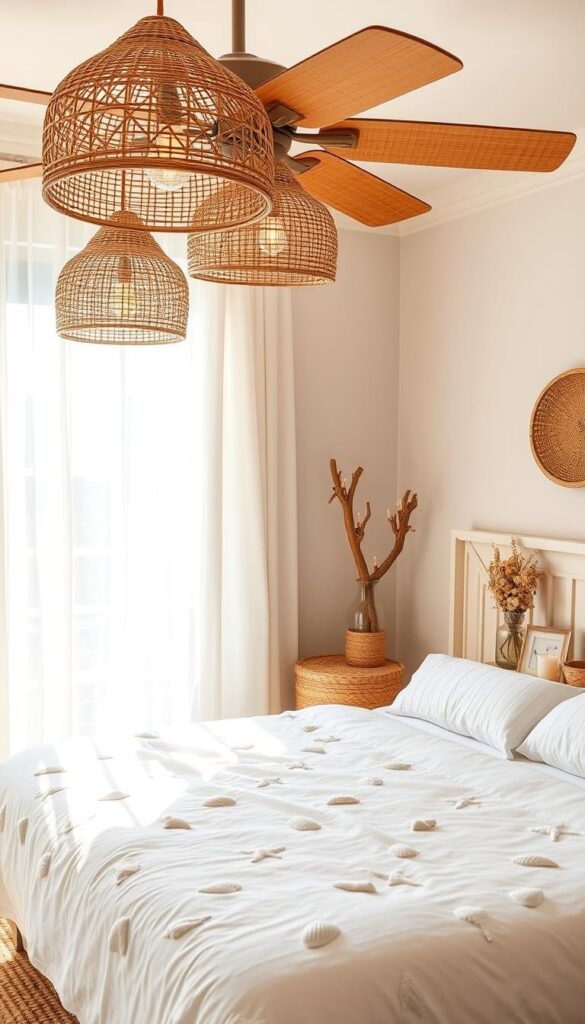 A sun-drenched beach-themed bedroom with woven rattan pendant lamps hanging from the ceiling, casting a warm glow over the scene. In the foreground, a plush white duvet cover adorned with delicate seashell motifs. Soft, flowing white curtains frame the windows, letting in the gentle summer breeze. On the nightstands, decorative glass bottles filled with driftwood, seashells, and candles create a tranquil, coastal vibe. Woven baskets, a jute area rug, and a bamboo ceiling fan complete the airy, natural aesthetic. The overall mood is one of relaxation and summer serenity. A sun-drenched beach-themed bedroom with woven rattan pendant lamps hanging from the ceiling, casting a warm glow over the scene. In the foreground, a plush white duvet cover adorned with delicate seashell motifs. Soft, flowing white curtains frame the windows, letting in the gentle summer breeze. On the nightstands, decorative glass bottles filled with driftwood, seashells, and candles create a tranquil, coastal vibe. Woven baskets, a jute area rug, and a bamboo ceiling fan complete the airy, natural aesthetic. The overall mood is one of relaxation and summer serenity.