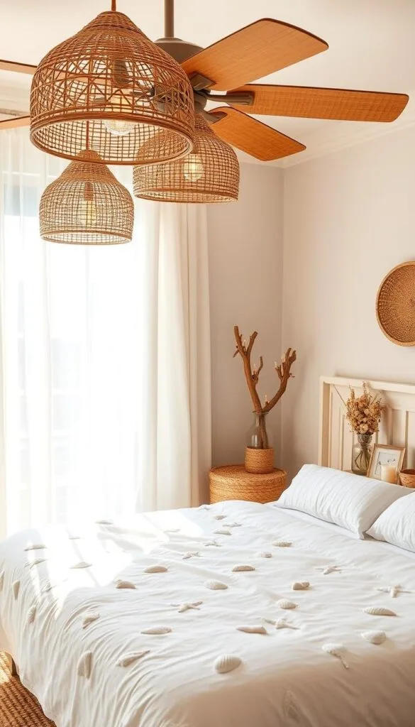 A sun-drenched beach-themed bedroom with woven rattan pendant lamps hanging from the ceiling, casting a warm glow over the scene. In the foreground, a plush white duvet cover adorned with delicate seashell motifs. Soft, flowing white curtains frame the windows, letting in the gentle summer breeze. On the nightstands, decorative glass bottles filled with driftwood, seashells, and candles create a tranquil, coastal vibe. Woven baskets, a jute area rug, and a bamboo ceiling fan complete the airy, natural aesthetic. The overall mood is one of relaxation and summer serenity. A sun-drenched beach-themed bedroom with woven rattan pendant lamps hanging from the ceiling, casting a warm glow over the scene. In the foreground, a plush white duvet cover adorned with delicate seashell motifs. Soft, flowing white curtains frame the windows, letting in the gentle summer breeze. On the nightstands, decorative glass bottles filled with driftwood, seashells, and candles create a tranquil, coastal vibe. Woven baskets, a jute area rug, and a bamboo ceiling fan complete the airy, natural aesthetic. The overall mood is one of relaxation and summer serenity.