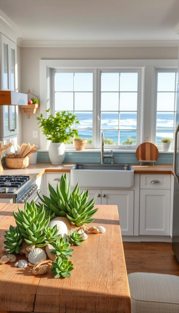 A sun-drenched coastal kitchen, adorned with a captivating blend of sea-inspired decor. In the foreground, a weathered wood countertop showcases a vibrant array of succulents, seashells, and driftwood accents, casting a warm, organic glow. The middle ground features sleek, white cabinetry complemented by a backsplash of soft blue subway tiles, evoking the gentle hues of the ocean. In the background, large windows flood the space with natural light, framing a breathtaking vista of rolling waves and a distant horizon. The overall scene exudes a sense of tranquility and effortless coastal charm, perfectly capturing the essence of a summer kitchen retreat.