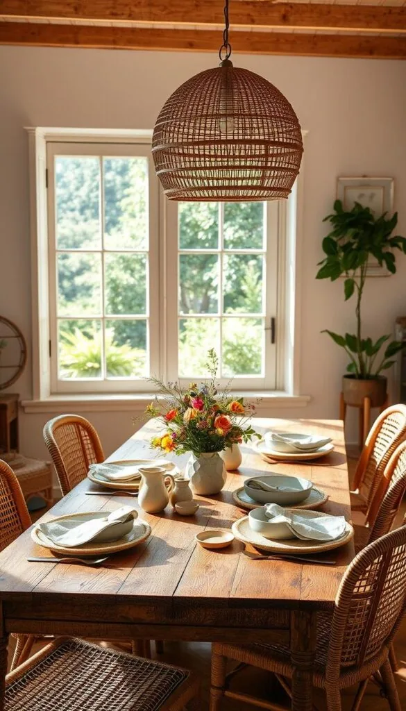 A sun-drenched dining space with natural textures and personal touches. A rustic wooden table is set with linen napkins, handcrafted ceramic plates, and a vibrant floral centerpiece. Rattan and cane chairs surround the table, complemented by a woven pendant light that casts a warm glow. In the background, a large window frames a verdant outdoor scene, allowing ample natural light to filter in. Soft, earthy tones throughout create a calming, inviting atmosphere, perfect for leisurely summer meals with loved ones.
